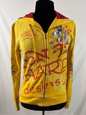 Vintage Ed Hardy Death or Glory Japan Yellow Full Zip Hoodie Y2K Tattoo Women’s